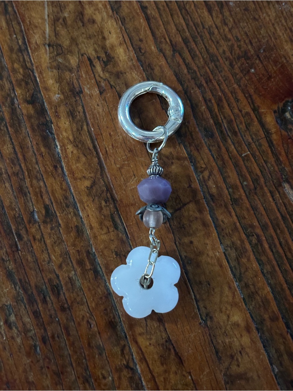 Silver Clip-On Lavender Bead & White Flower Charm